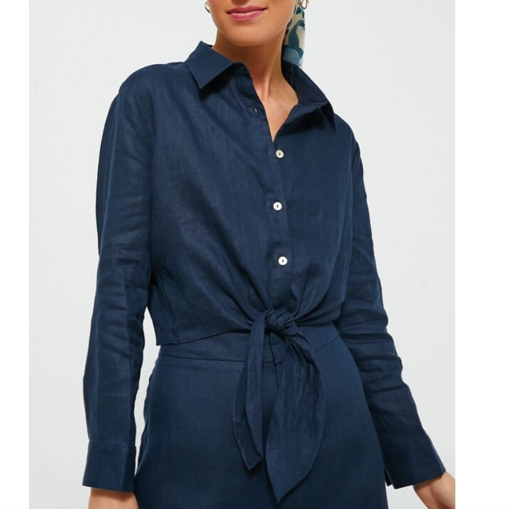 Tuckernuck Navy Linen Tie-Front Rebecca Shirt Size XS